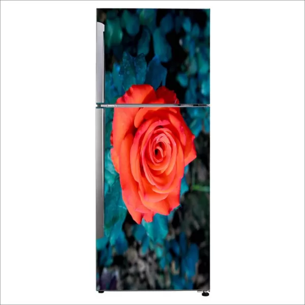 YS 60 cm Decorative Beautiful orange rose with sea green leaves fridge sticker Self Adhesive Sticker  (Pack of 1)